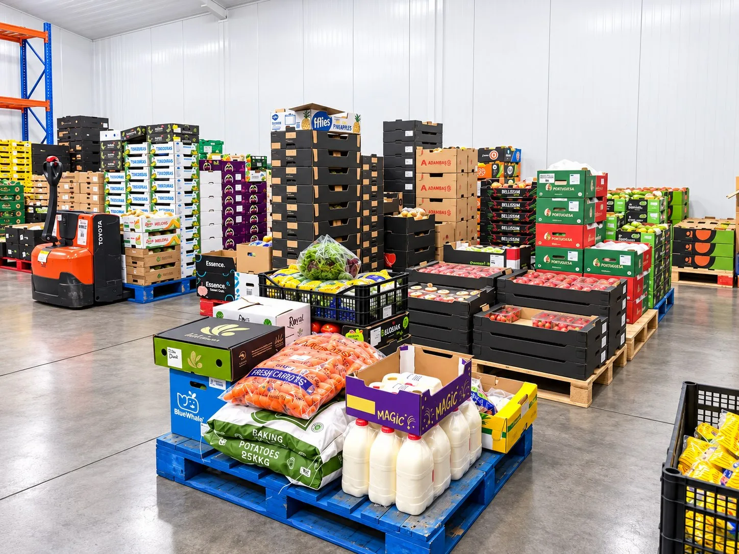 Pallets of boxed fruit, vegetables, and dairy on the floor of the Fanfruit depot